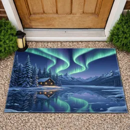 Aurora Borealis Winter Cabin Lake Mountains - Winter Home Decor Gift Doormat