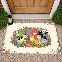 Seven Cheerful Cats Blooming Flowers Home Decor Gift for Cat Lover Doormat