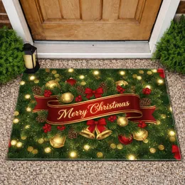 Merry Christmas Crimson Ribbon Evergreen Holly Pinecone Bells - Christmas Decor Doormat