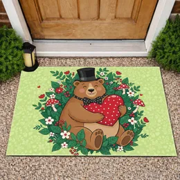 Brown Bear Top Hat Red Heart Botanical - Spring Home Decor Gift for Bear Lover Doormat