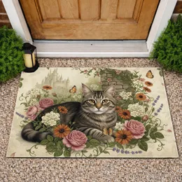 Fluffy Tabby Cat Antique Garden Flowers - Garden Lover Gift for Cat Lover Doormat