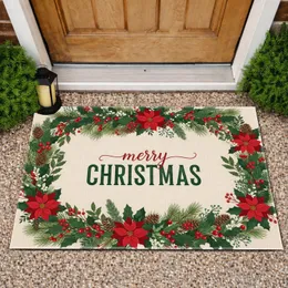 Merry Christmas Text Botanical Garland - Rustic Farmhouse Holiday Decor Doormat