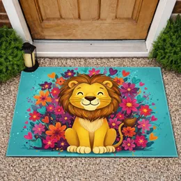 Cartoon Shaggy Mane Lion Lush Field Flowers Floating Hearts - Home Decor Gift for Kids Doormat