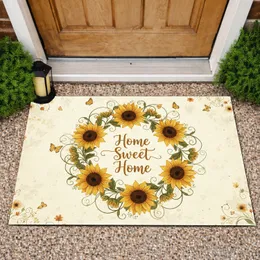 Lush Sunflower Wreath Home Sweet Home Butterflies Vines Accent Flowers - Farmhouse Home Decor Doormat