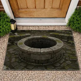 Deep Ancient Stone Well WELCOME HOME Mossy Weathered Stone - Home Decor Gift Doormat