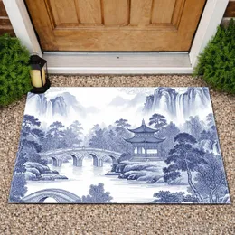 East Asian Pavilion Stone Bridge River - Blue White Home Decor Gift Doormat