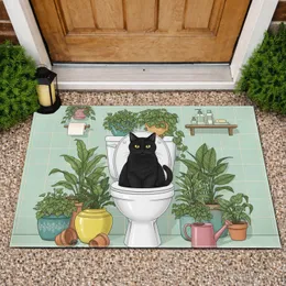Black Cat Toilet Bowl Houseplants - Cat Lover Bathroom Decor Gift Doormat