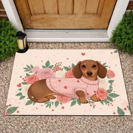 Long Bodied Dachshund Dog Pink Sweater Hearts Floral Botanical - Home Decor Gift Doormat