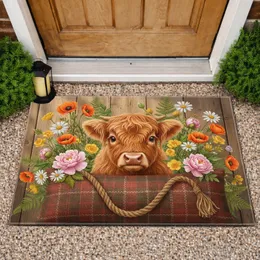 Highland Cow Calf Wildflower Plaid - Farmhouse Home Decor Gift for Cow Lover Doormat