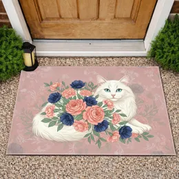 Fluffy White Cat Floral Bouquet Aqua Eyes - Home Decor Gift for Cat Lovers Doormat