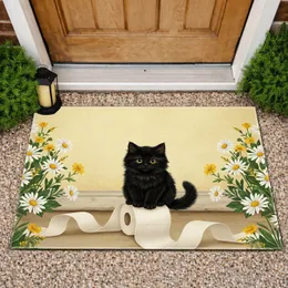 Black Kitten Toilet Paper Roll Daisies - Home Decor Gift for Cat Lover Doormat