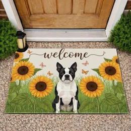 Boston Terrier Welcome Sunflowers - Farmhouse Decor Gift for Dog Lover Doormat