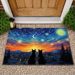 Black Cat Starry Night Moon Village Forest - Home Decor Gift for Cat & Astronomy Lovers Doormat
