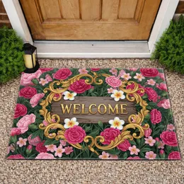 Welcome Sign Carnation Flowers Golden Scrollwork - Home Decor Gift for Garden Lover Doormat