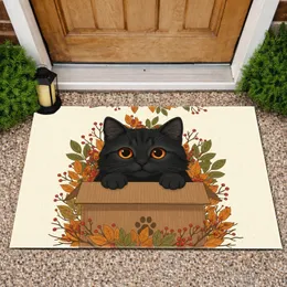 Black Cat Cardboard Box Autumn Leaves - Autumn Home Decor Gift for Cat Lover Doormat