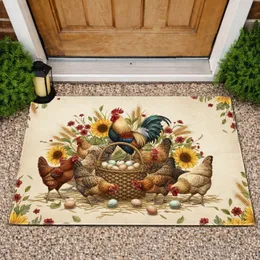 Aged Parchment Farm Roosters Hens Eggs Wheat Sunflowers - Rustic Farmhouse Decor Doormat