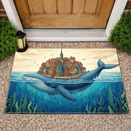 Massive Blue Whale Cityscape Ocean Sky Scene with Aquatic Plants - Home Decor Gift Doormat