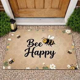 Bee Happy Honeybee Wildflower Clover Honeycomb - Farmhouse Home Decor Gift for Bee Lover Doormat