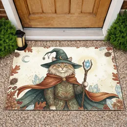 Wizard Cat Autumnal Foliage Crescent Moon Stars - Fantasy Home Decor Gift for Cat Lover Doormat