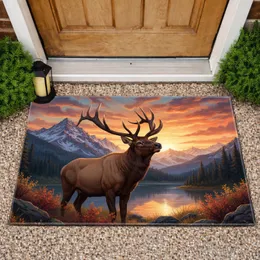 Bull Elk Antlers Snow-Capped Mountains Autumn Lake Sunset - Wildlife Lover Gift Doormat