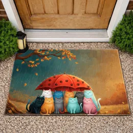 Seven Huddled Cats Red Umbrella Rainy Autumn Scene - Home Decor Gift for Cat Lover Doormat