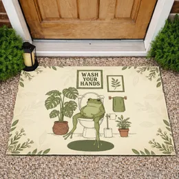 Green Frog Toilet Wash Hands Sign Leafy Vines - Bathroom Decor Gift for Frog Lover Doormat