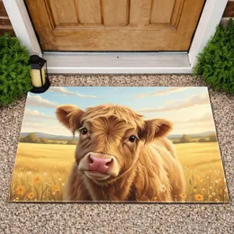 Highland Cow Calf Agricultural Landscape - Farmhouse Home Decor Gift for Cow Lover Doormat