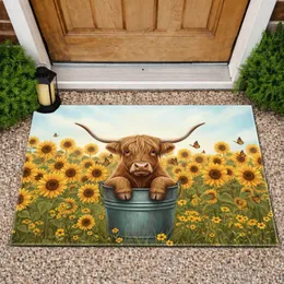 Highland Cow Bucket Sunflowers - Farmhouse Home Decor for Cow Lover Doormat