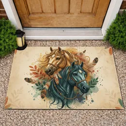 Bohemian Horse Heads Feather Leaf Motifs - Home Decor Gift for Horse Lover Doormat