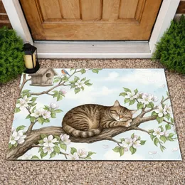Tabby Cat Apple Blossom Birdhouse - Spring Home Decor Gift for Cat Lover Doormat