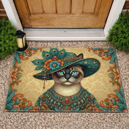 Siamese Cat Portrait Ornate Hat Jeweled Necklace - Boho Home Decor Gift for Cat Lover Doormat