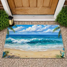 Tropical Beach Scene Ocean Waves Foamy Crests Sandy Shore Blue Sky - Home Decor Gift Doormat