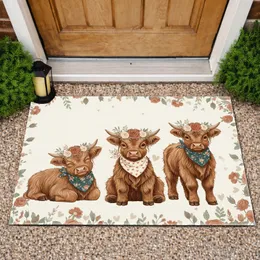 Fluffy Baby Highland Cows Floral Crown - Farmhouse Home Decor Gift for Cow Lover Doormat