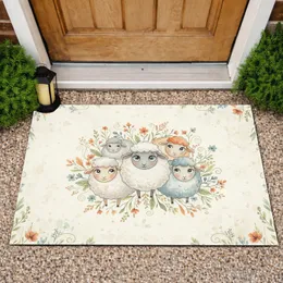 Fluffy Cartoon Sheep Wildflower Botanical Leaf Greenery - Home Decor Gift for Nature Lovers Doormat