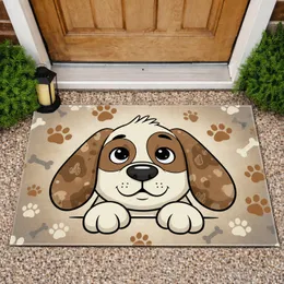 Friendly Cartoon Dog Face Paw Prints Scattered Bones - Dog Lover Home Decor Gift Doormat