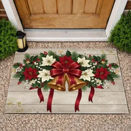 Deep Red Poinsettia Bow Bells Holly Pine Buffalo Plaid Rustic Wood Christmas Holiday Decor Doormat