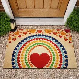 Large Red Heart Concentric Rainbow Arch Layered Hearts Textured Field - Home Decor Gift Doormat