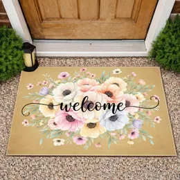 Welcome Script Poppy Anemone Floral Foliage Aged Parchment - Home Decor Gift Doormat