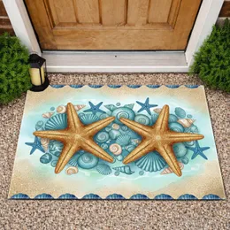 Golden Brown Starfish Blue Shells Beach Sand - Coastal Home Decor Gift Doormat