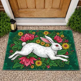 Leaping White Rabbit Flower Leaf Berry Botanical - Home Decor Gift for Rabbit Lover Doormat