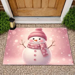 Snowman Pink Beanie Scarf Snowflakes Winter Scene - Home Decor Gift Doormat