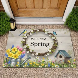 Welcome Spring Wreath Flowers Birdhouse - Farmhouse Home Decor Spring Gift Doormat