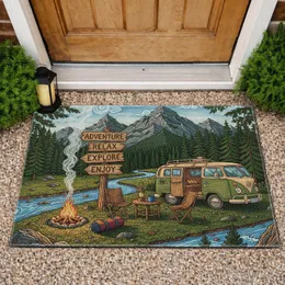 RV Camper Van Mountain River Camp Adventure Signpost - Outdoor Lifestyle Decor Doormat