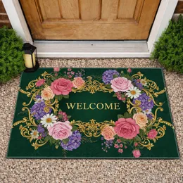 WELCOME Gold Baroque Scrollwork Rose Hydrangea Daisy Floral - Home Decor Gift Doormat
