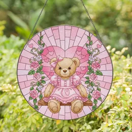 Teddy Bear Pink Rose Hearts on Swing with Lavender Glass - Home Decor Gift for Bear Lover Stained Glass Suncatcher