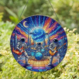 Astronauts Playing Music Cosmic Cityscape Scene - Home Decor Gift for Space Lover Stained Glass Suncatcher