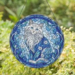 Fluffy Blue Eyed Cat Stained Glass Floral Mosaic Home Decor Gift for Cat Lover Stained Glass Suncatcher