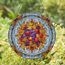 Ripe Grapes Apples Berries Autumn Leaves Fruit Cluster - Kitchen Window Decor Gift Stained Glass Suncatcher