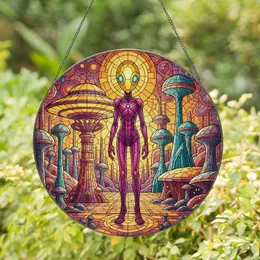 Alien Figure Fantastical Cityscape - Home Decor Gift for Alien Lover Stained Glass Suncatcher