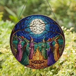 Witches Bonfire Full Moon Night Sky - Home Decor Gift for Witchcraft Lovers Stained Glass Suncatcher